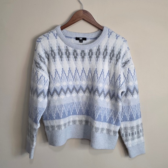 Frye Sweaters - Frye Womens Fair Isle Knit Sweater Light Blue White Grey Geometric Crewneck M
